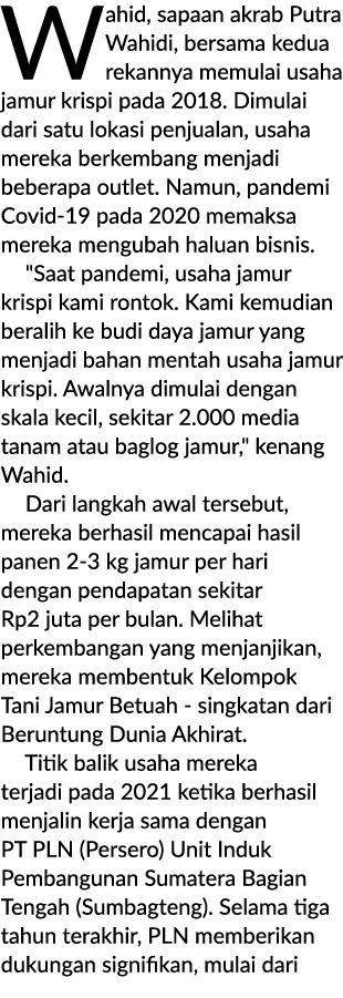 Wahid, sapaan akrab Putra Wahidi, bersama kedua rekannya memulai usaha jamur krispi pada 2018. Dimulai dari satu loka...