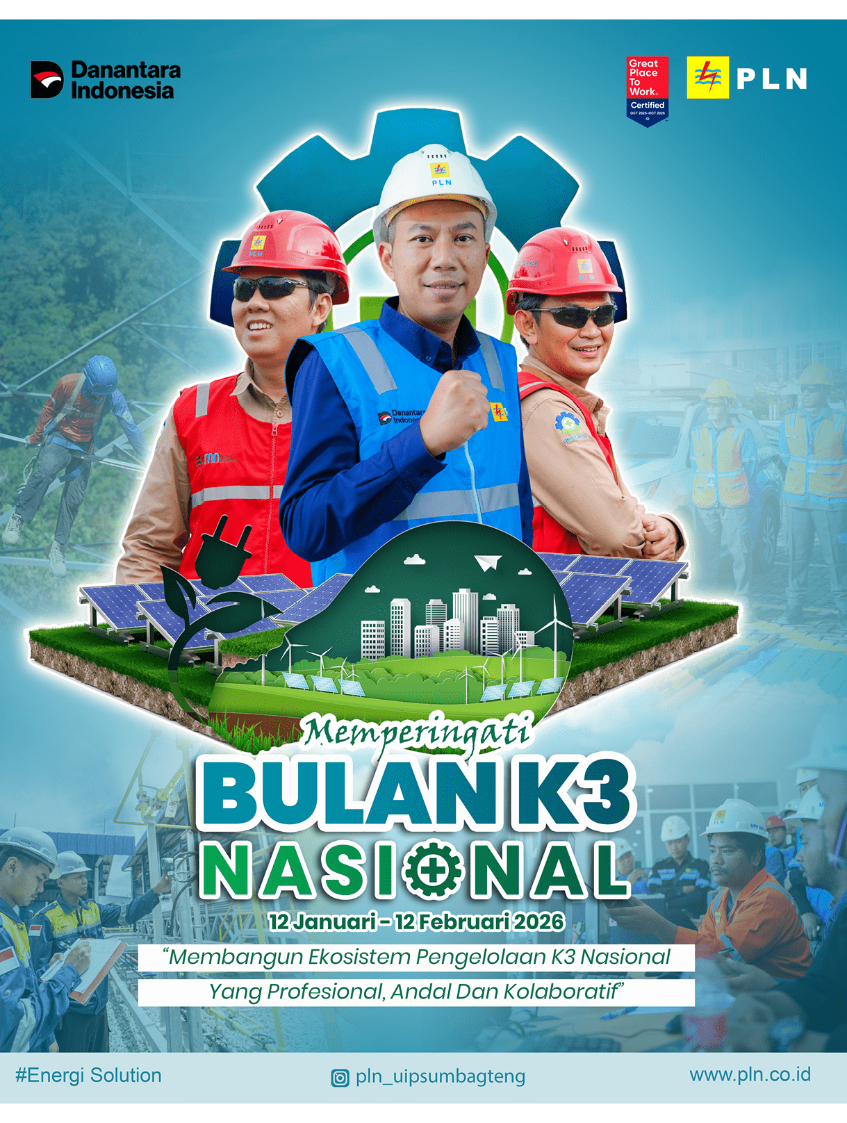 A group of construction workers pose for a poster advertising a solar energy solution. AI generated content