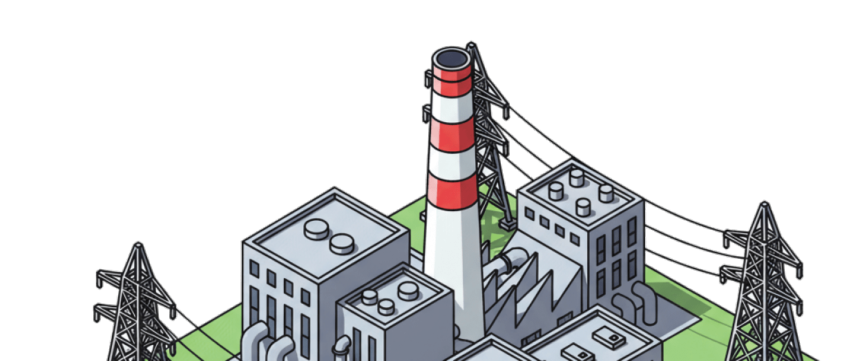 A large industrial building with a tall tower and a fence. AI generated content