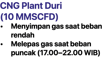 CNG Plant Duri (10 MMSCFD) • Menyimpan gas saat beban rendah • Melepas gas saat beban puncak (17.00–22.00 WIB)
