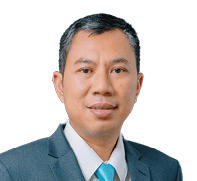 A man in a suit and tie is standing in front of a black background. AI generated content