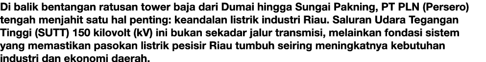 Di balik bentangan ratusan tower baja dari Dumai hingga Sungai Pakning, PT PLN (Persero) tengah menjahit satu hal pen...