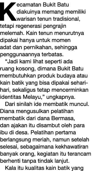 Kecamatan Bukit Batu diakuinya memang memiliki warisan tenun tradisional, tetapi regenerasi pengrajin melemah. Kain t...