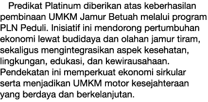 Predikat Platinum diberikan atas keberhasilan pembinaan UMKM Jamur Betuah melalui program PLN Peduli. Inisiatif ini m...