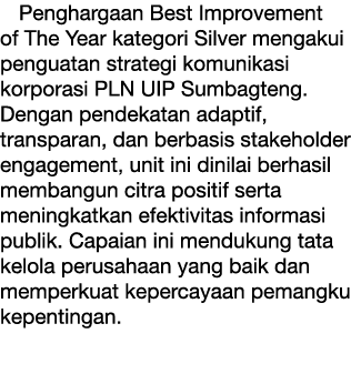 Penghargaan Best Improvement of The Year kategori Silver mengakui penguatan strategi komunikasi korporasi PLN UIP Sum...