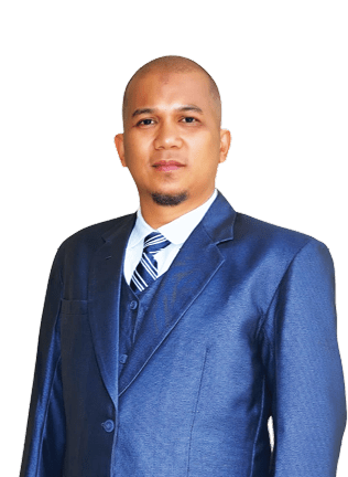 A man wearing a blue suit and tie stands in front of a white background. AI generated content