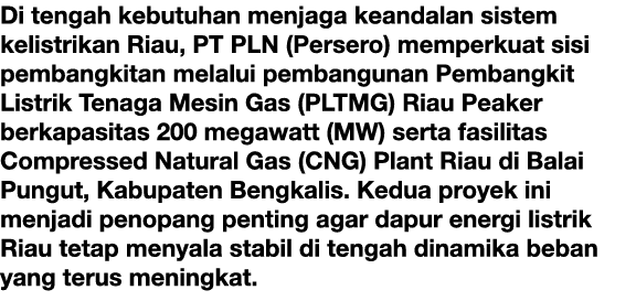 Di tengah kebutuhan menjaga keandalan sistem kelistrikan Riau, PT PLN (Persero) memperkuat sisi pembangkitan melalui ...