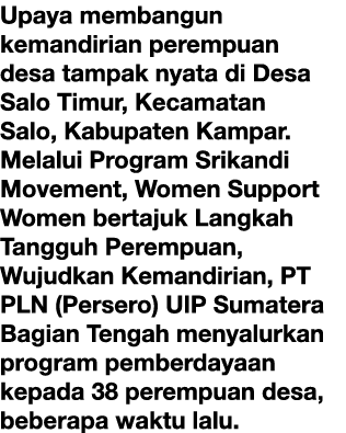 Upaya membangun kemandirian perempuan desa tampak nyata di Desa Salo Timur, Kecamatan Salo, Kabupaten Kampar. Melalui...