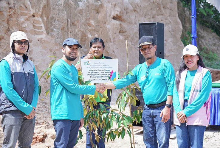 A group of people are standing around a small tree, shaking hands and smiling. AI generated content