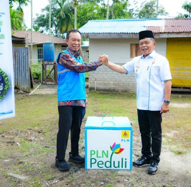Two men shake hands in front of a blue box. AI generated content