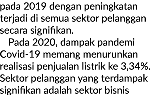 pada 2019 dengan peningkatan terjadi di semua sektor pelanggan secara signifikan. Pada 2020, dampak pandemi Covid 19 ...