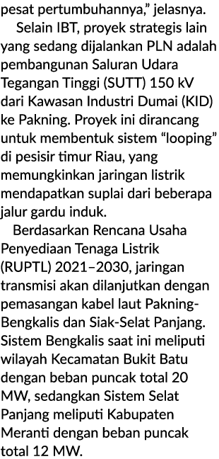 pesat pertumbuhannya,” jelasnya. Selain IBT, proyek strategis lain yang sedang dijalankan PLN adalah pembangunan Salu...