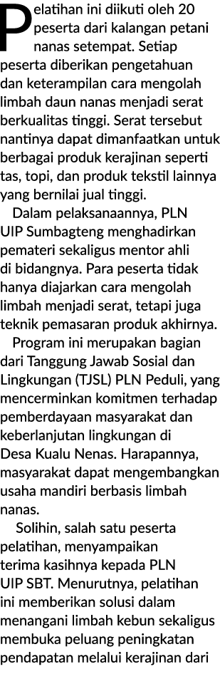 Pelatihan ini diikuti oleh 20 peserta dari kalangan petani nanas setempat. Setiap peserta diberikan pengetahuan dan k...